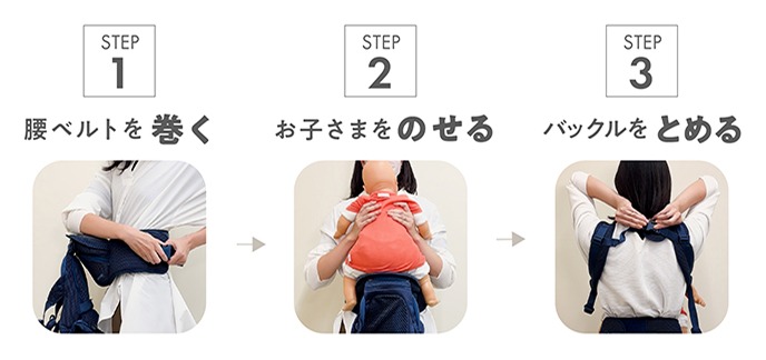 STEP1 腰ベルトをまく STEP2 お子さまをのせる STEP3 バックルをとめる