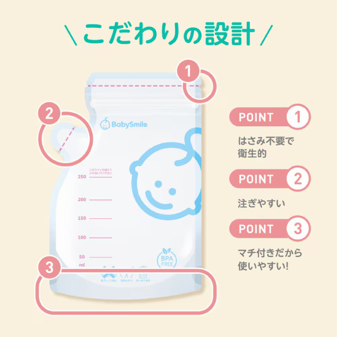 こだわりの設計 POINT1 はさみ不要で衛生的 POINT2 注ぎやすい POINT3 マチ付きだから使いやすい