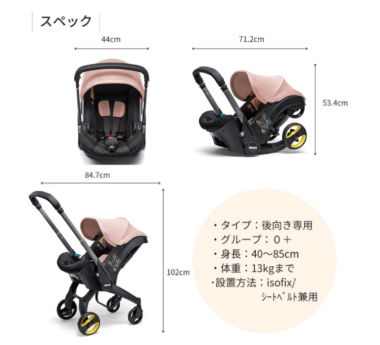 スペック　・タイプ：後ろ向き専用 ・グループ：0+　・身長40～85cm ・体重：13kgまで ・設置方法：isofix/シートベルト兼用