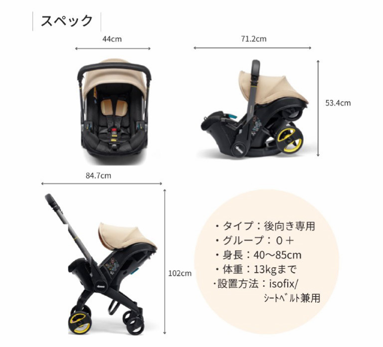 スペック　・タイプ：後ろ向き専用 ・グループ：0+　・身長40～85cm ・体重：13kgまで ・設置方法：isofix/シートベルト兼用